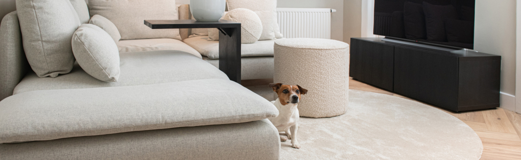 Moderne woonkamer met licht rond hoogpolig karpet, visgraat pvc vloer en beige hoekbank met hond in een warm en stijlvol interieur