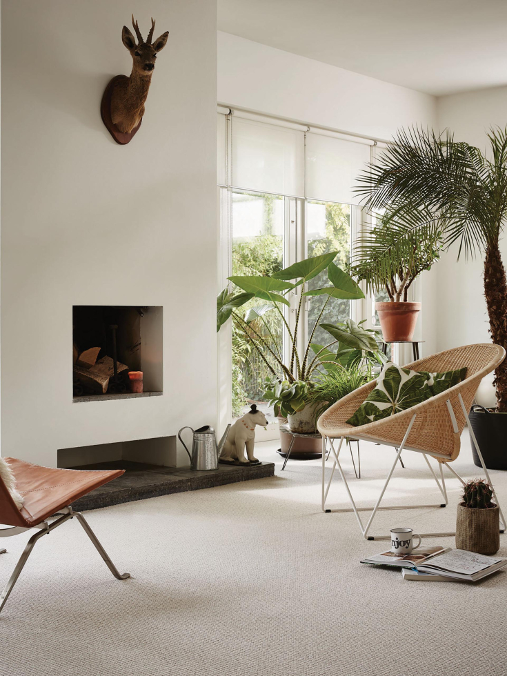 Lichte woonkamer met beige tapijt, rotan stoel en veel grote kamerplanten bij het raam